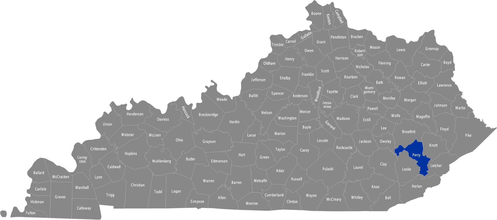 State of Kentucky map with Perry County highlighted 